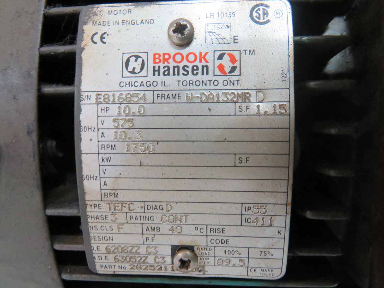 Brook Hansen 10HP 1750RPM 575V W-DA132MR D Fr 3PH 10.3A 60Hz USED