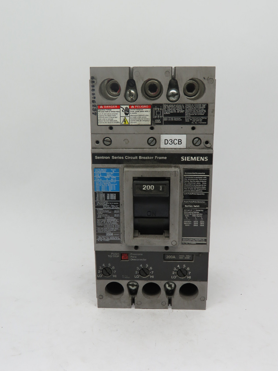 Siemens FD63F250 Circuit Breaker Frame Series B 600V 250A 50/60HZ 200A Trip USED