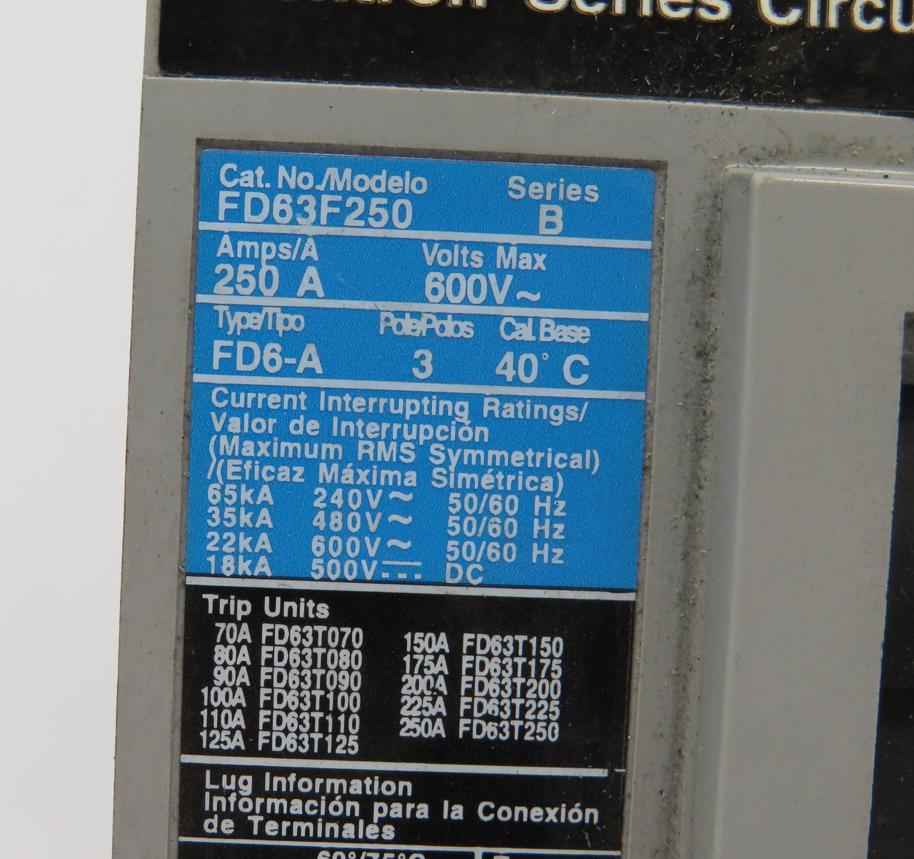 Siemens FD63F250 Circuit Breaker Frame 600V 250A 200A Trip *Missing Screws* USED