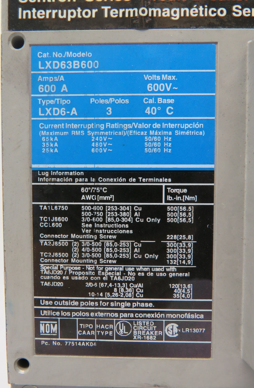 Siemens LXD63B600 Molded Case Circuit Breaker 600A 600V 3Pole USED