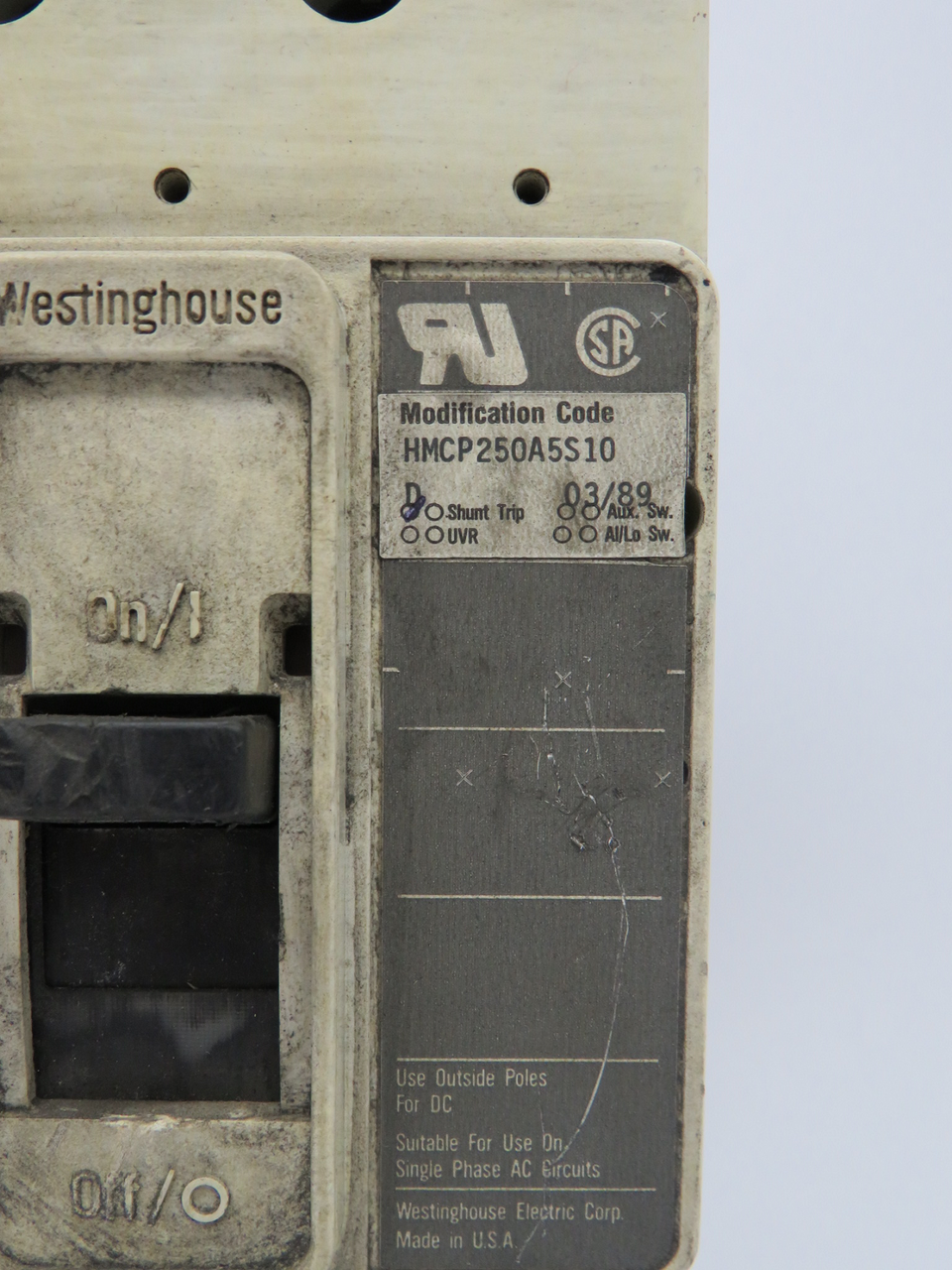 Westinghouse HMCP250A5 Circuit Breaker 250A 600V 3Pole Series C USED