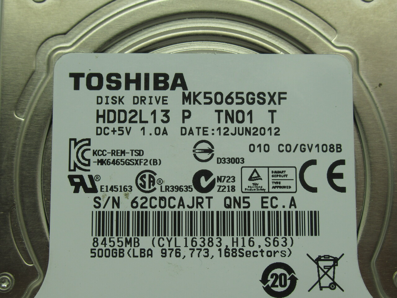 MK5065GSXF, HDD2J62 P TV02 T, Toshiba 500GB SATA 2.5 Hard Drive