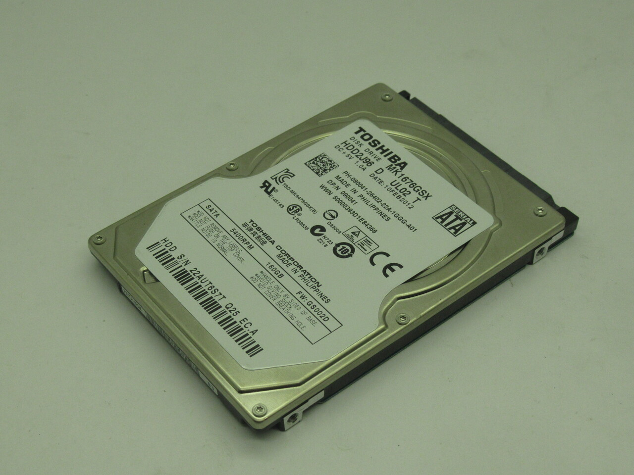 Toshiba MK1676GSX Hard Drive 160GB FW: GS002D USED