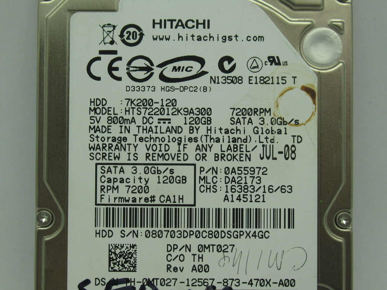 Hitachi HTS722012K9A300 Internal Hard Drive 120GB 800mA 5VDC USED