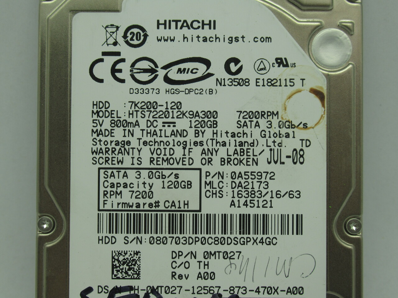 Hitachi HTS722012K9A300 Internal Hard Drive 120GB 800mA 5VDC USED