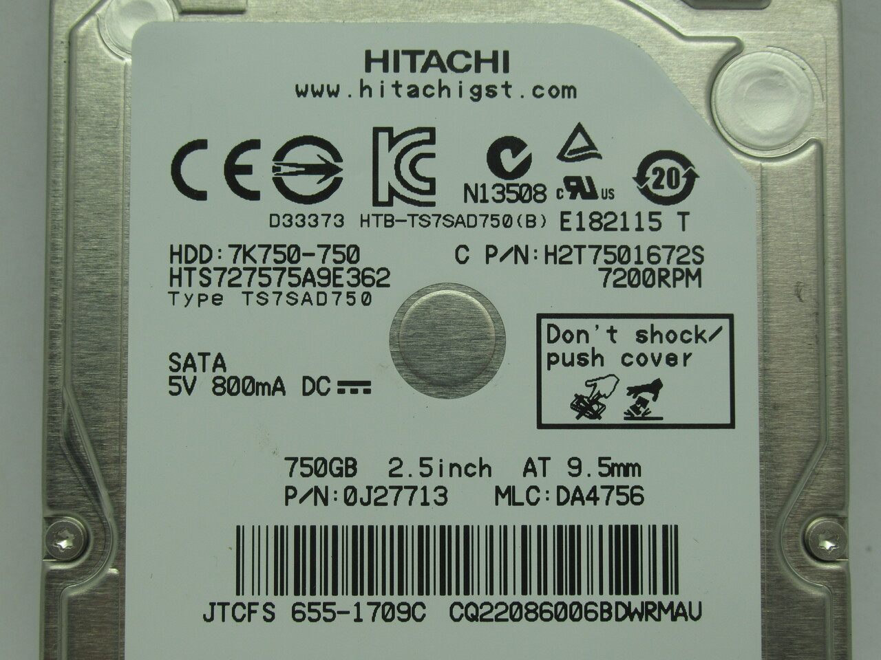 Hitachi HTS727575A9E362 Internal Hard Drive 750GB 800mA 5VDC USED