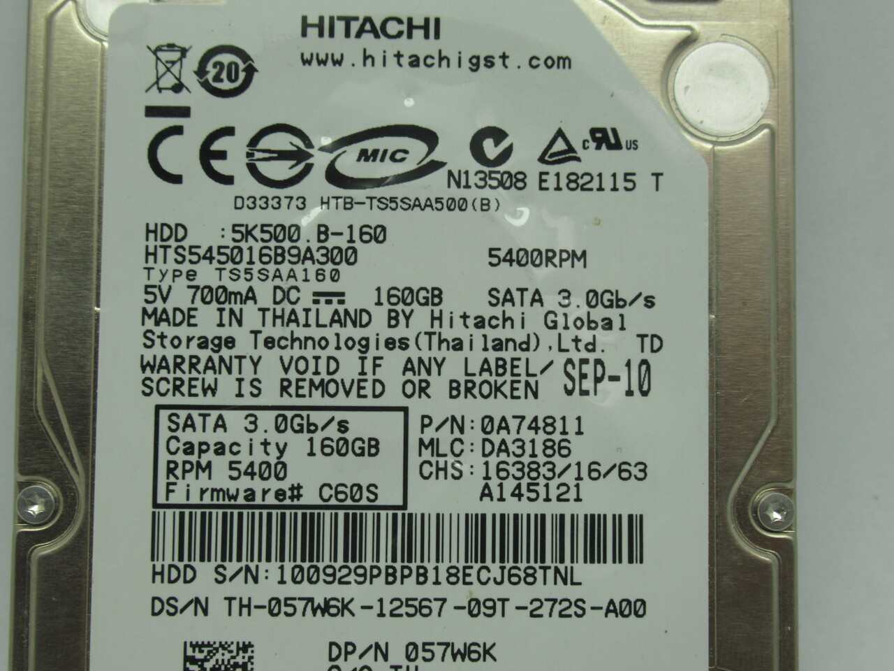 Hitachi HTS545016B9A300 Internal Hard Drive 160GB 700mA 5VDC USED