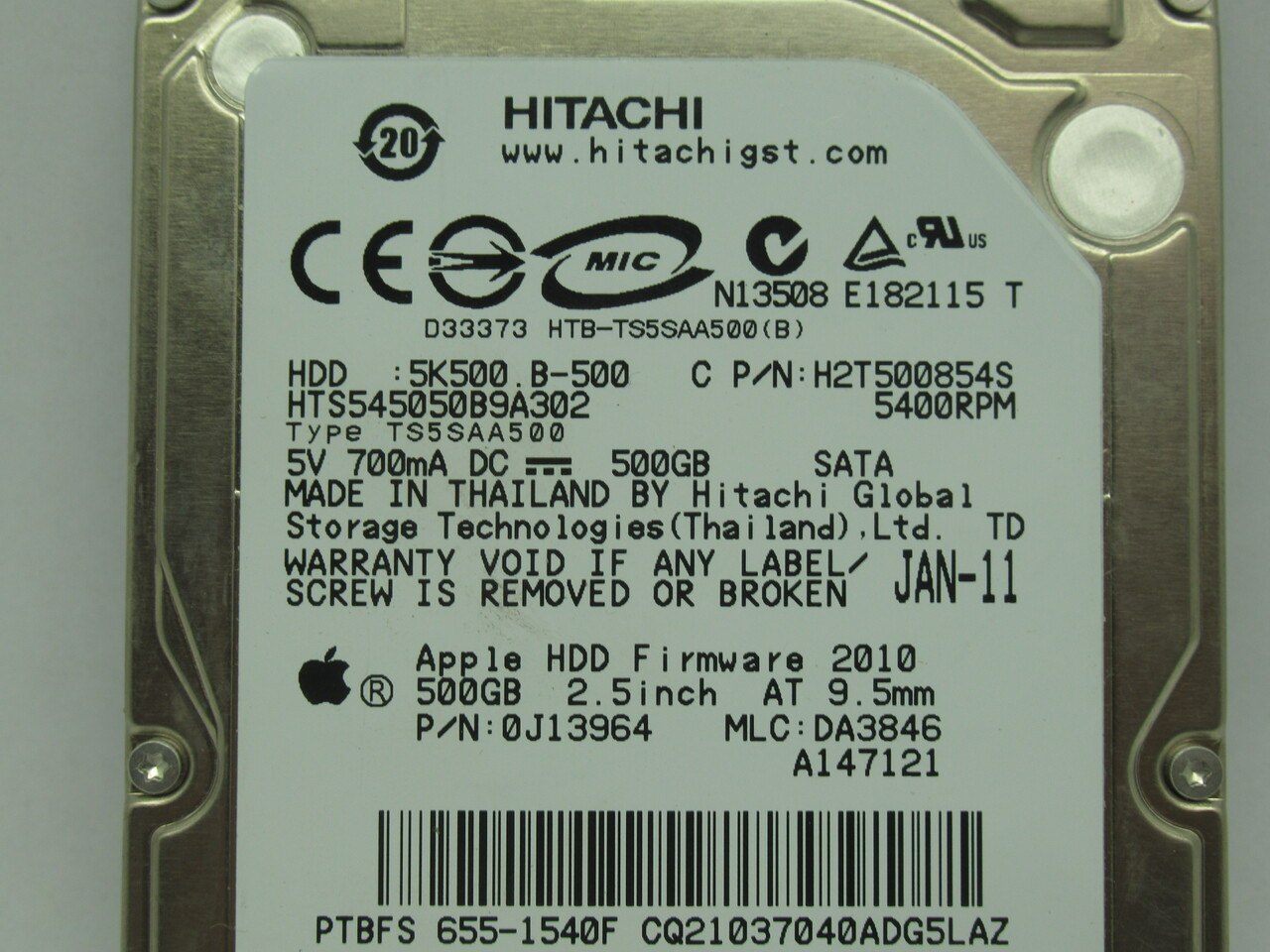 Hitachi HTS545050B9A302 Internal Hard Drive 500GB 700mA 5VDC USED