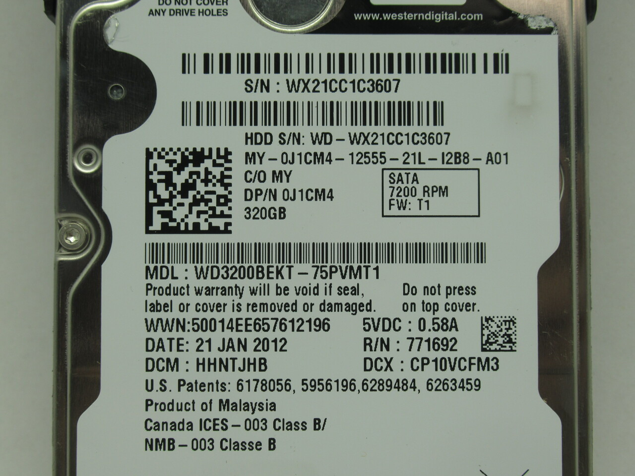 Western Digital WD3200BEKT-75PVMT1 Internal Hard Drive 320GB FW: T1 USED