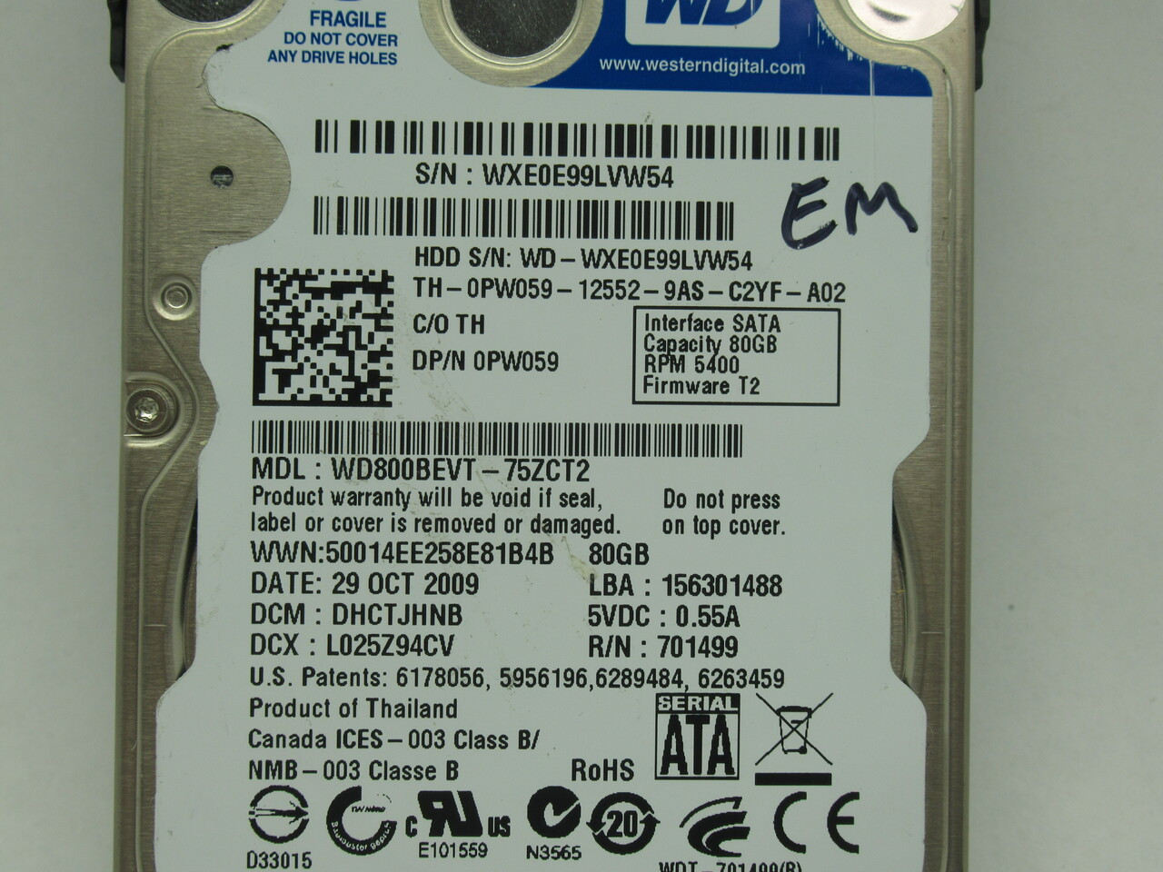 Western Digital WD800BEVT-75ZCT2 Internal Hard Drive 80GB FW: T2 USED