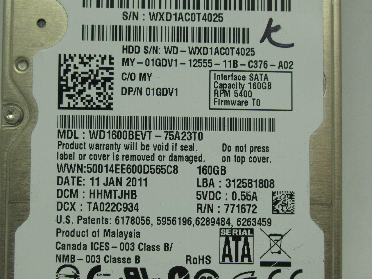 Western Digital WD1600BEVT-75A23T0 Internal Hard Drive 160GB FW: T0 USED