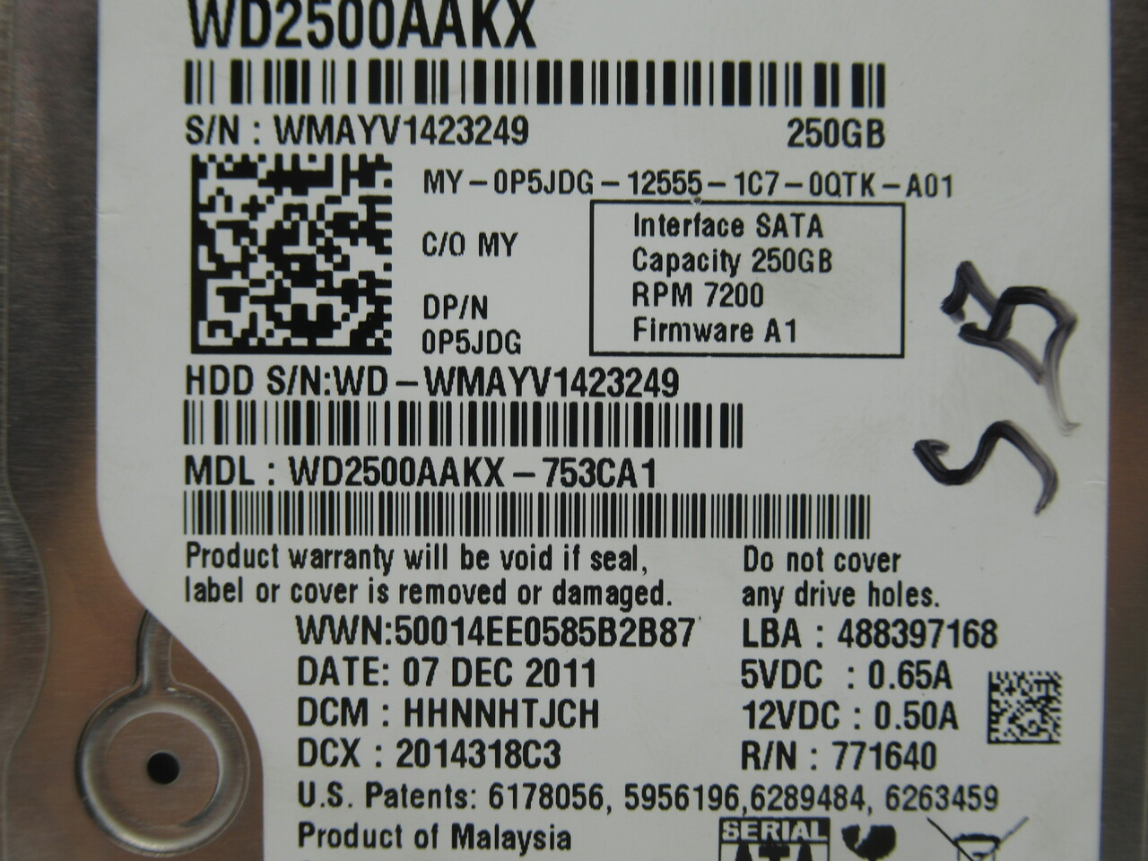 Western Digital WD2500AAKX-753CA1 Internal Hard Drive 250GB FW: A1 USED