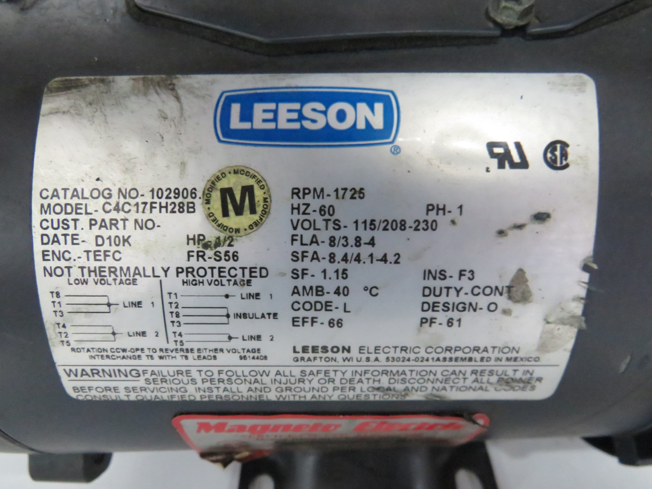 Leeson 1/2HP 1725RPM 115/208-230V S56 TEFC 1Ph 8/3.8-4FLA 60Hz USED