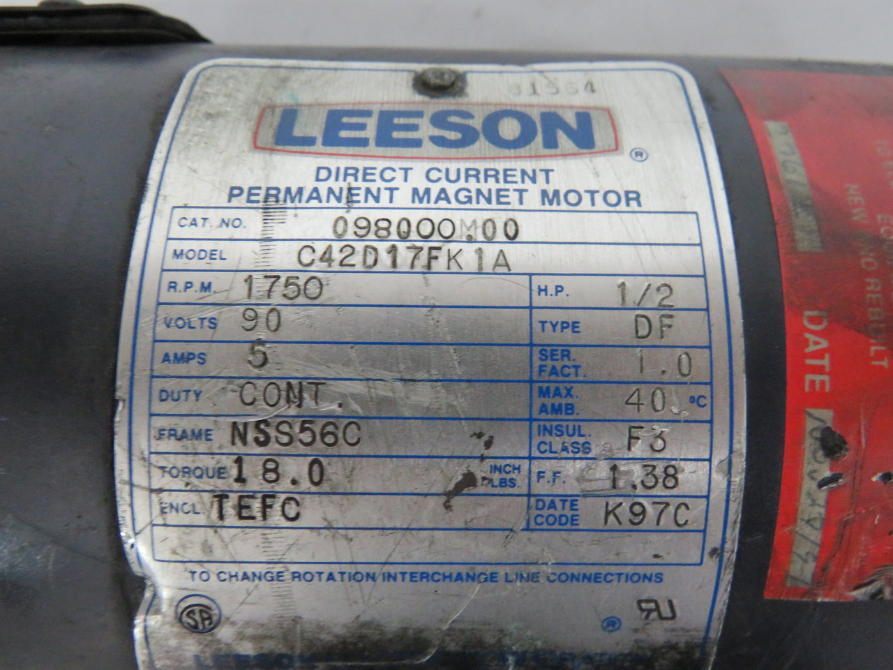 Leeson DC Magnet Motor 1/2HP 1750RPM 90VDC NSS56C TEFC 5A 18.0 Torque USED
