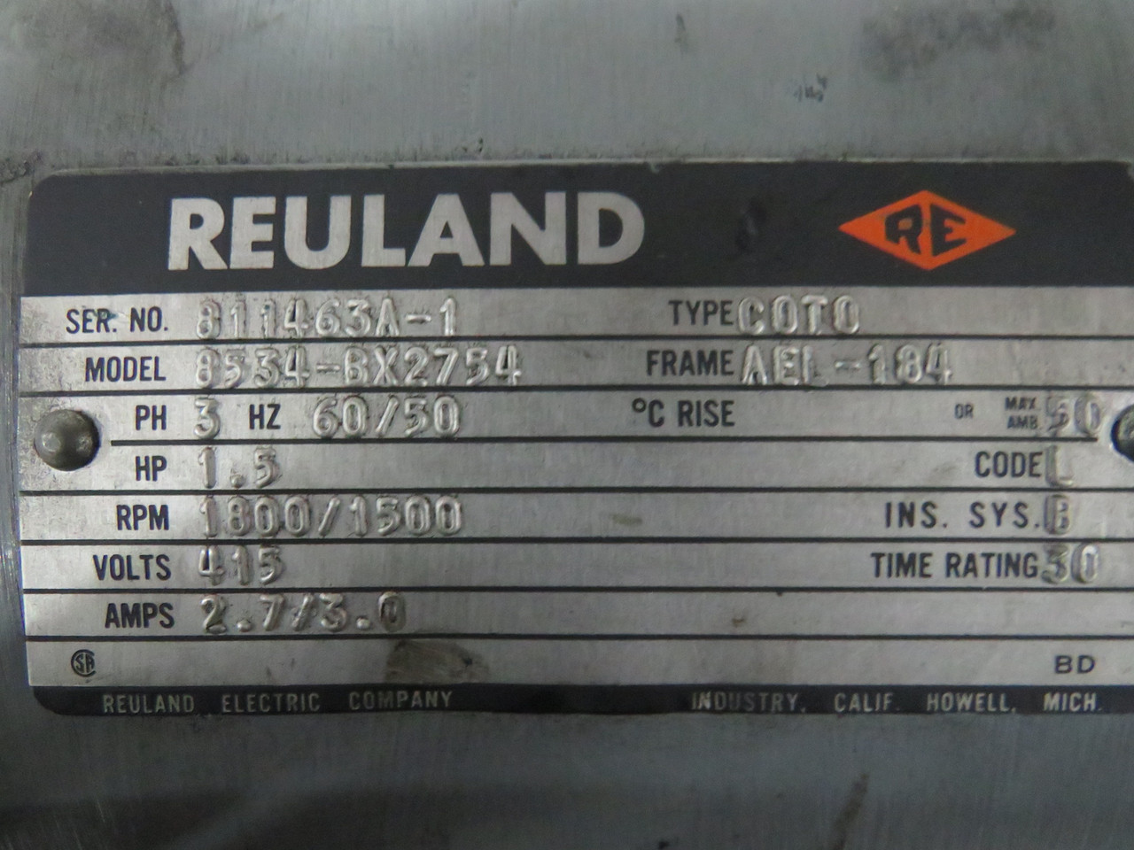 Reuland 1.5HP 1800/1500RPM 415V AEL-184 3Ph 2.7/3.0 60/50Hz w/Brake 25lb/ft USED