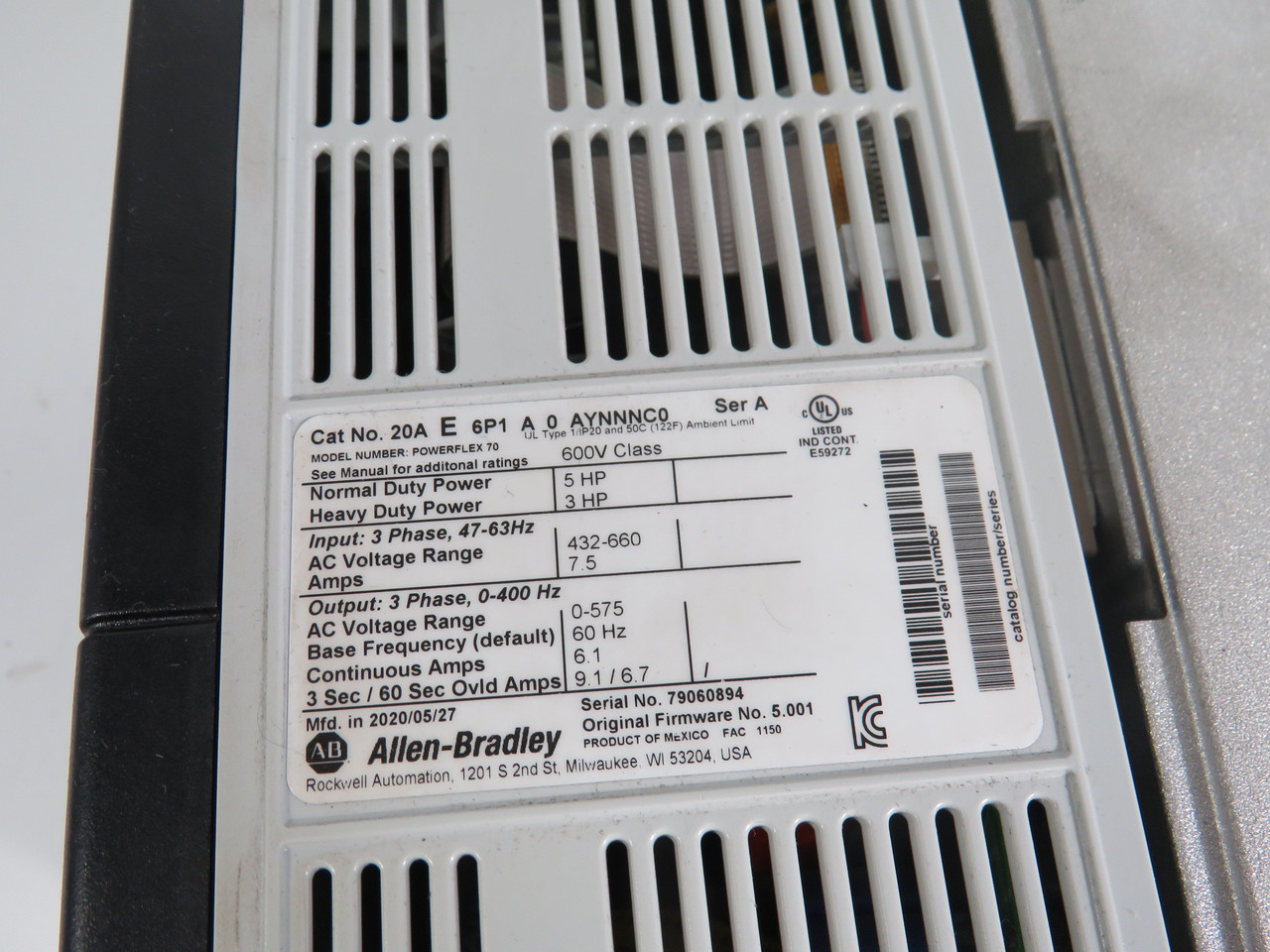 Allen-Bradley 20AE6P1A0AYNNNC0 Powerflex 70 AC Drive 5HP 0-575V 60Hz 6.1A AS IS