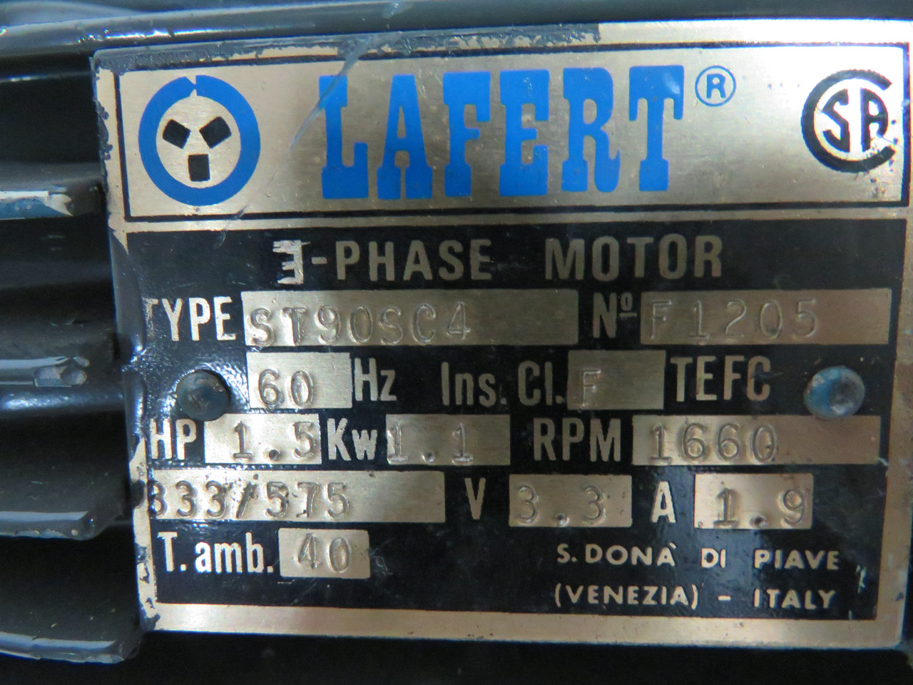 Lafert 1.5HP 1660RPM 333/575V TEFC 3Ph 3.3A 60Hz USED