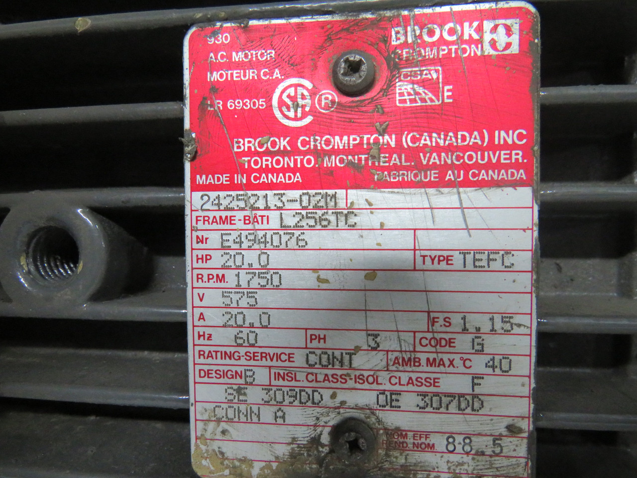 Brook Crompton 20HP 1750RPM 575V L256TC TEFC 3Ph 20A 60Hz USED