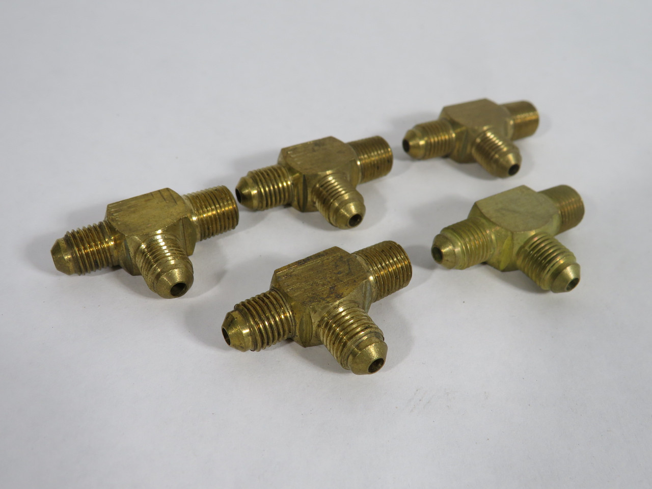 Generic Brass Run Tee Fitting 45 Deg Flare 3/16" Tube 1/8" NPT Lot of 5 USED