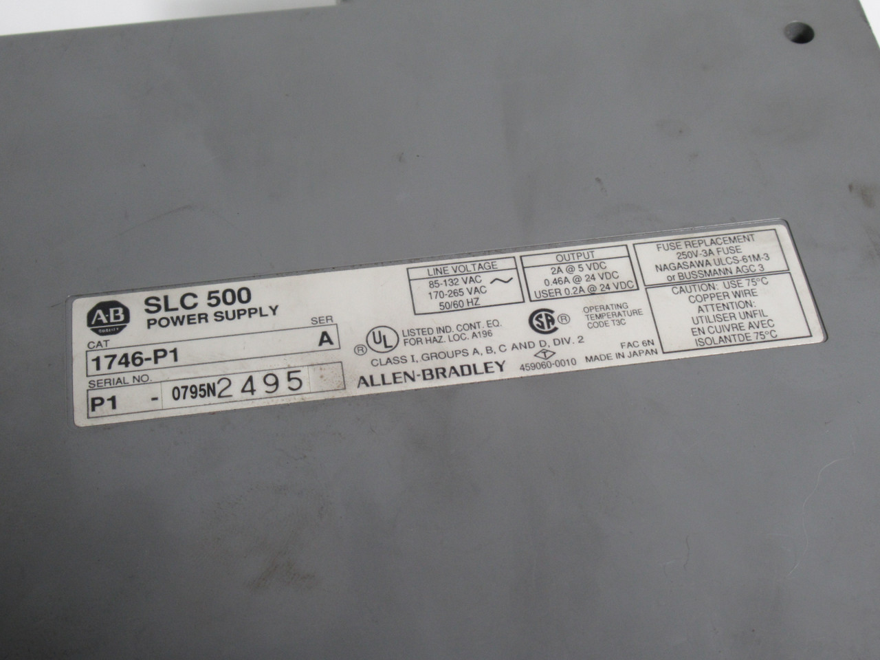 Allen-Bradley 1746-P1 Series A Power Supply Outlet 2A @ 5 VDC AS IS