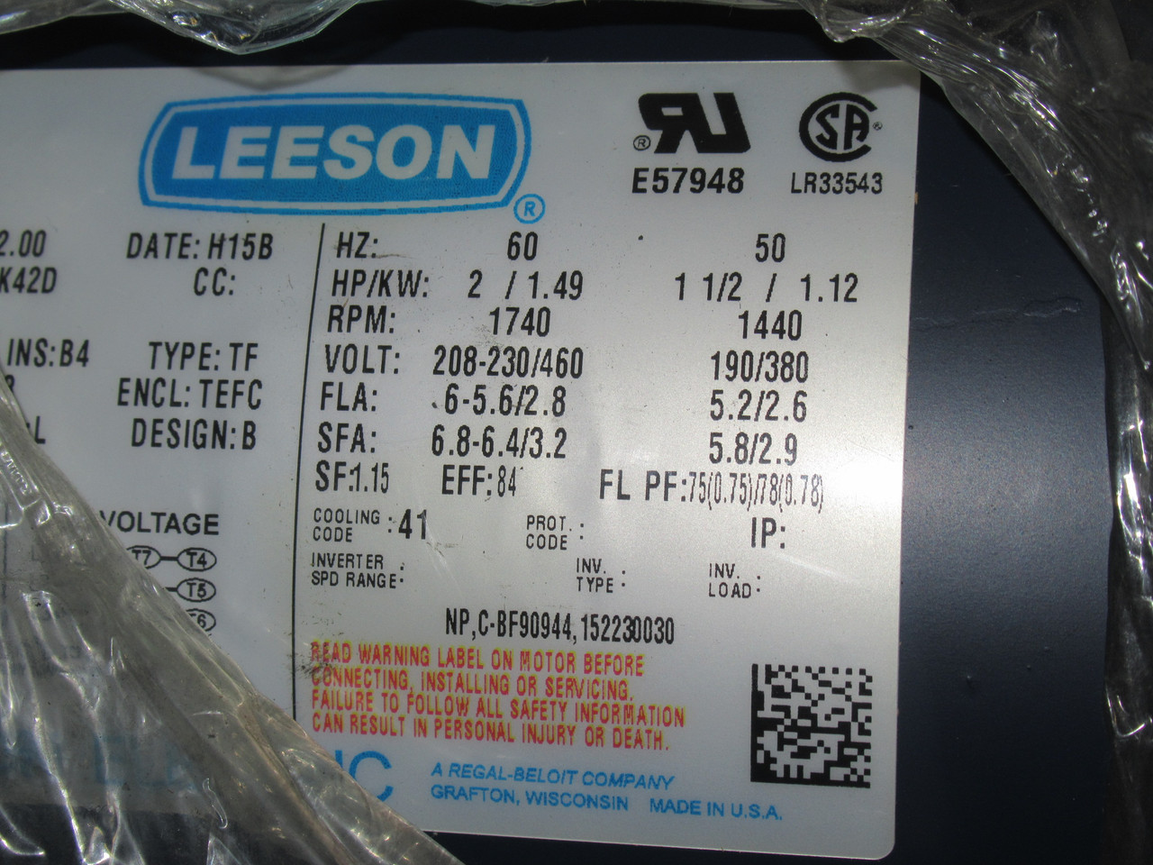 Leeson 2HP 1740RPM 208-230/460V 145C Fr TEFC C/W Brake 10 lb-ft SHELF WEAR NEW