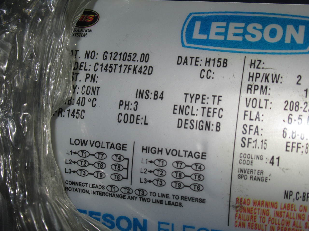 Leeson 2HP 1740RPM 208-230/460V 145C Fr TEFC C/W Brake 10 lb-ft SHELF WEAR NEW