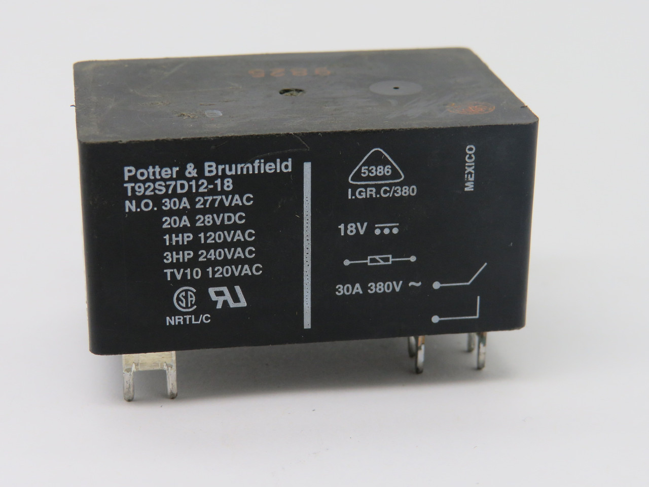 Potter & Brumfield T92S7D12-18 Relay 18VDC 30A 380VAC 12-Pin 6-Blade USED