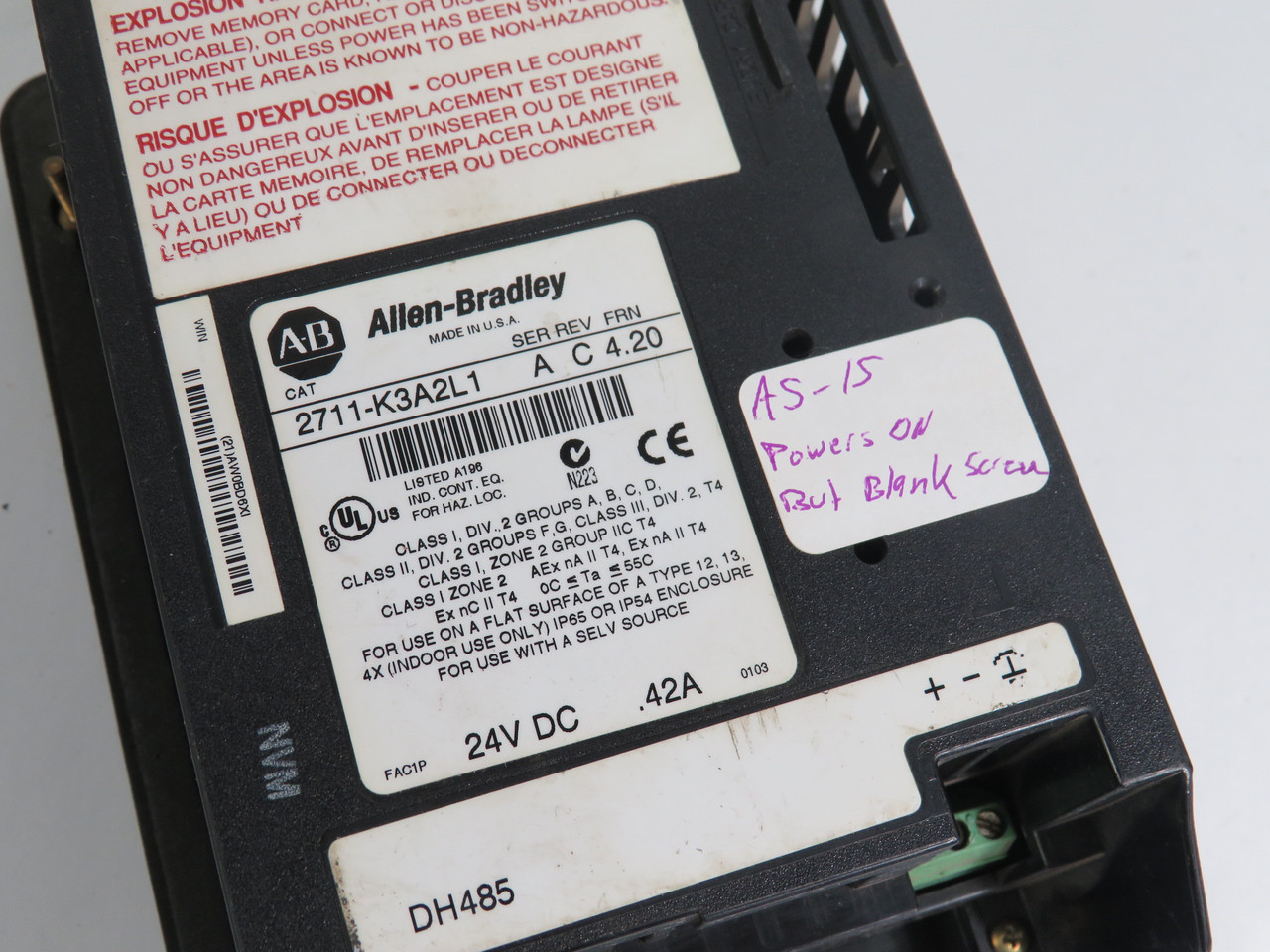 Allen-Bradley 2711-K3A2L1 Operator Interface *Powers on/Blank Screen* AS IS