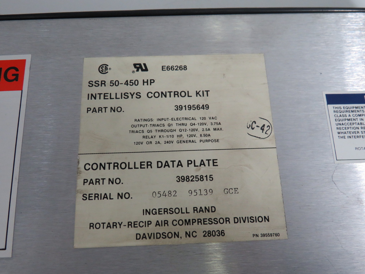 Ingersoll Rand 39195649 Intellisys Control Kit 120VAC 3.75A AS IS