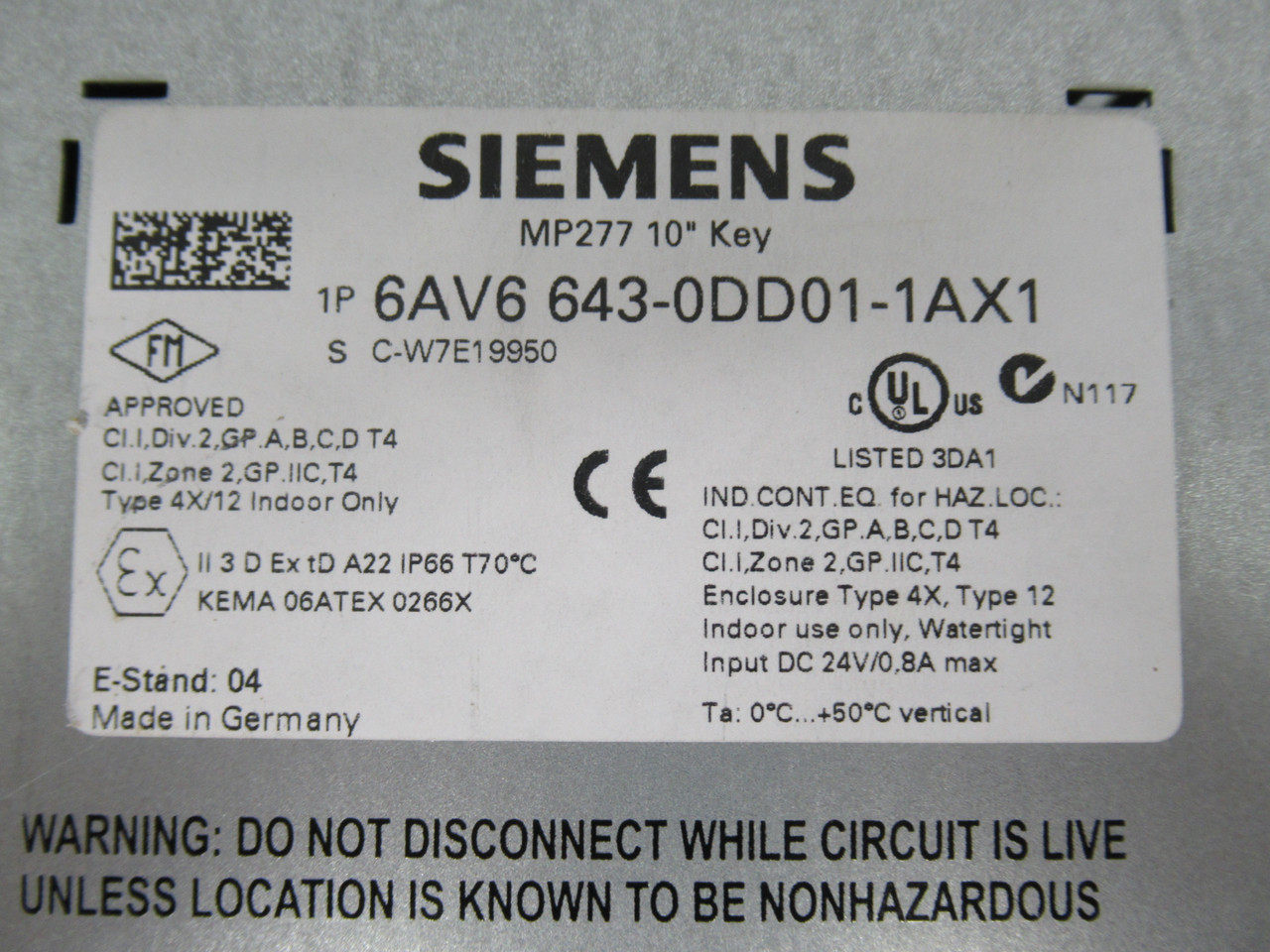 Siemens 6AV6643-0DD01-1AX1 Operator Interface 10.4" Screen 24VDC 0.8A USED