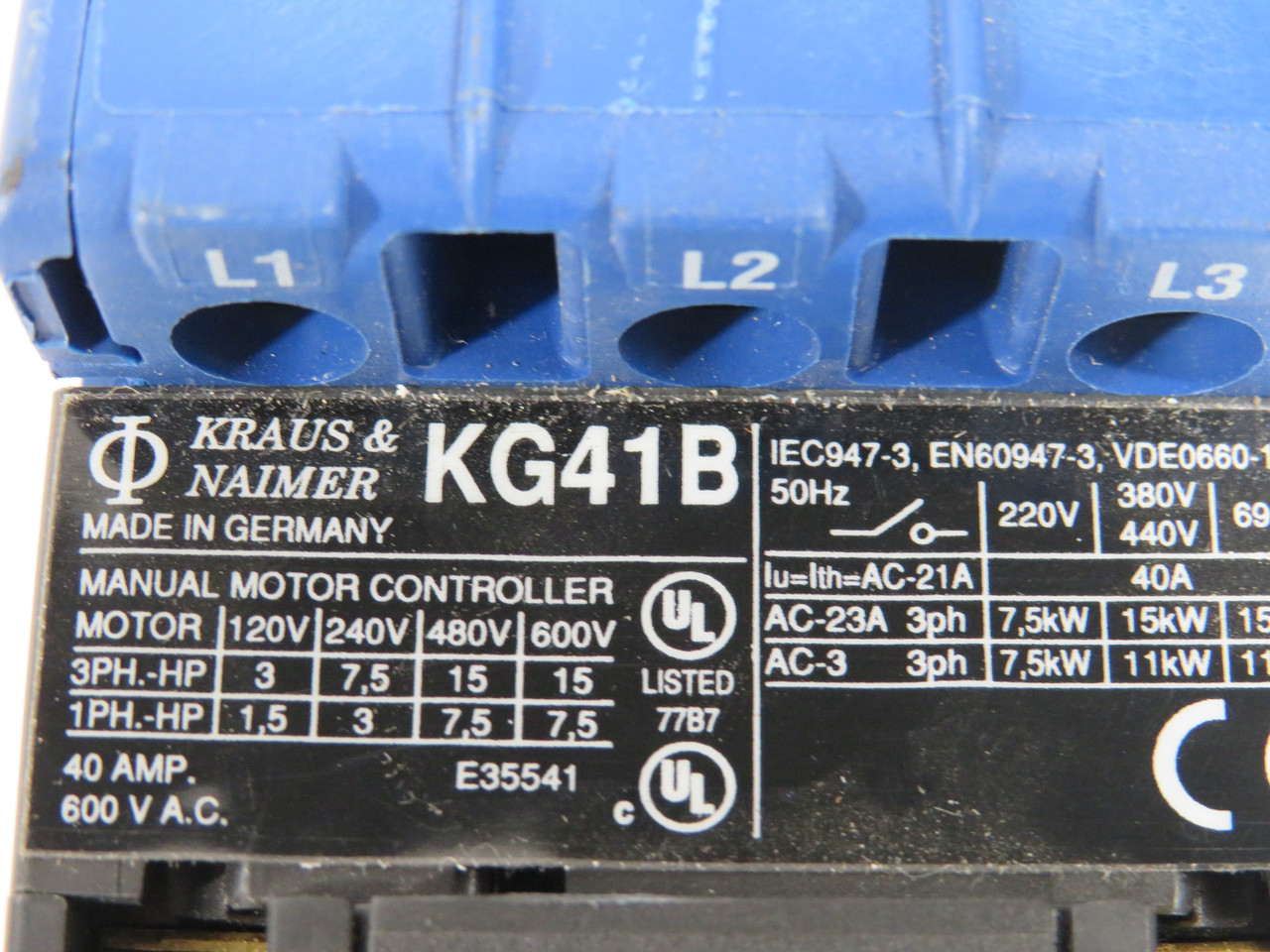 Kraus & Naimer KG41B-K312*CD0001 Disconnect Switch 40A 3P 600V 3" Shaft USED