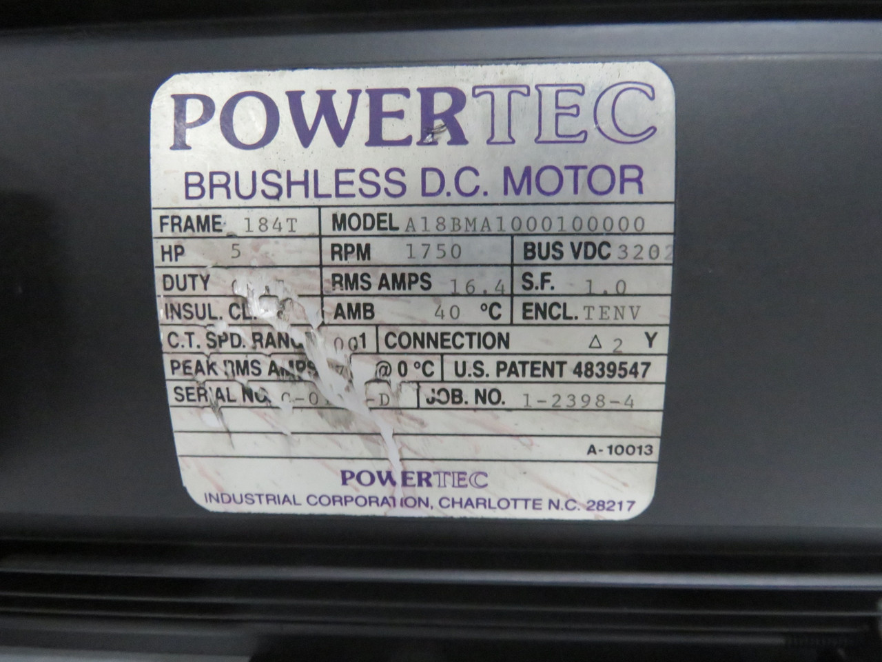 PowerTec Brushless DC Motor 5HP 1750RPM 320VDC 184TC TENV 16.4A USED