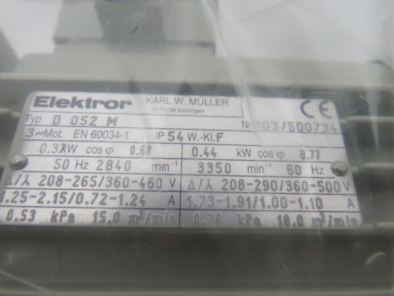 Elektror 0.44kW 3350RPM 208-290/360-500V 3Ph 1.73-1.91/1.00-1.10A 60Hz NOP