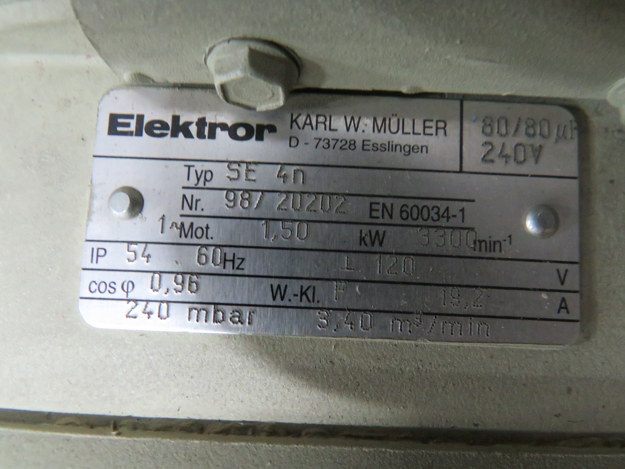 Elektror 1.50kW 3300RPM 120V 1Ph 19.2A 60Hz USED