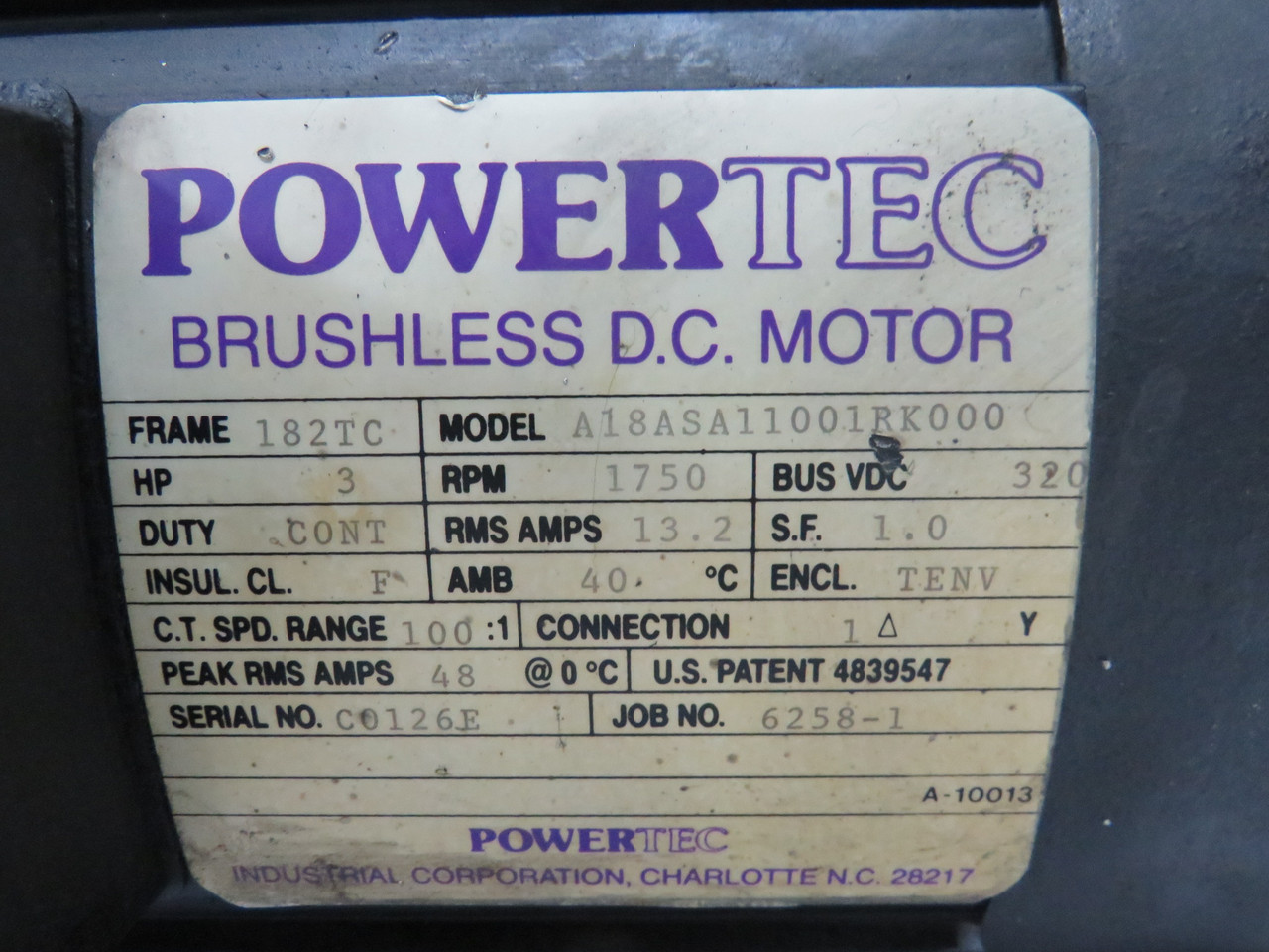 PowerTec Brushless DC Motor 3HP 1750RPM 320VDC 182TC TENV 13.2A USED
