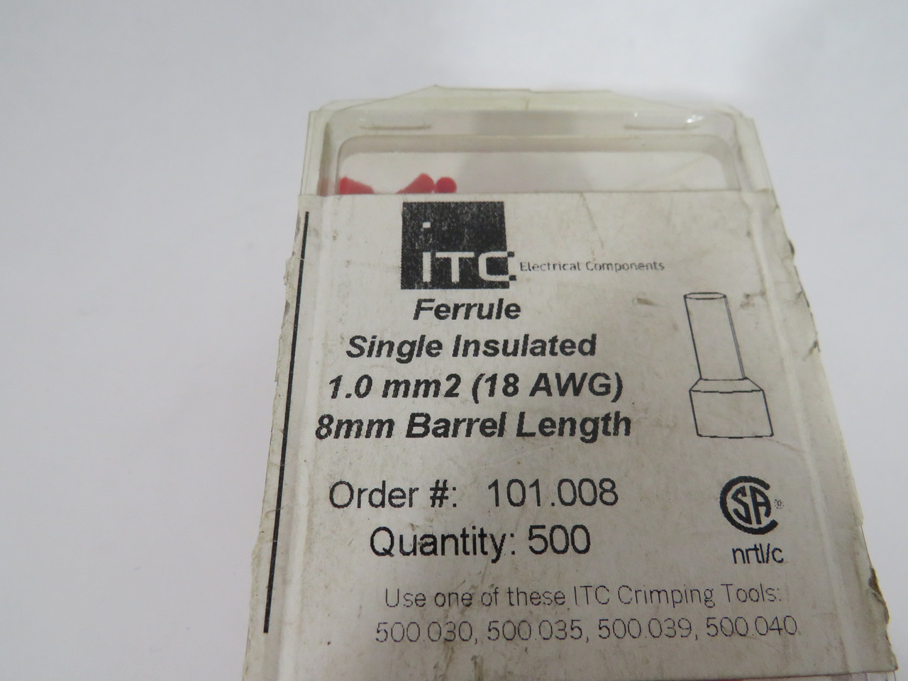 ITC 101.008 Red Single Insulated Ferrule 1.0mm2(18 AWG) 500Pk *Damaged Case* NEW