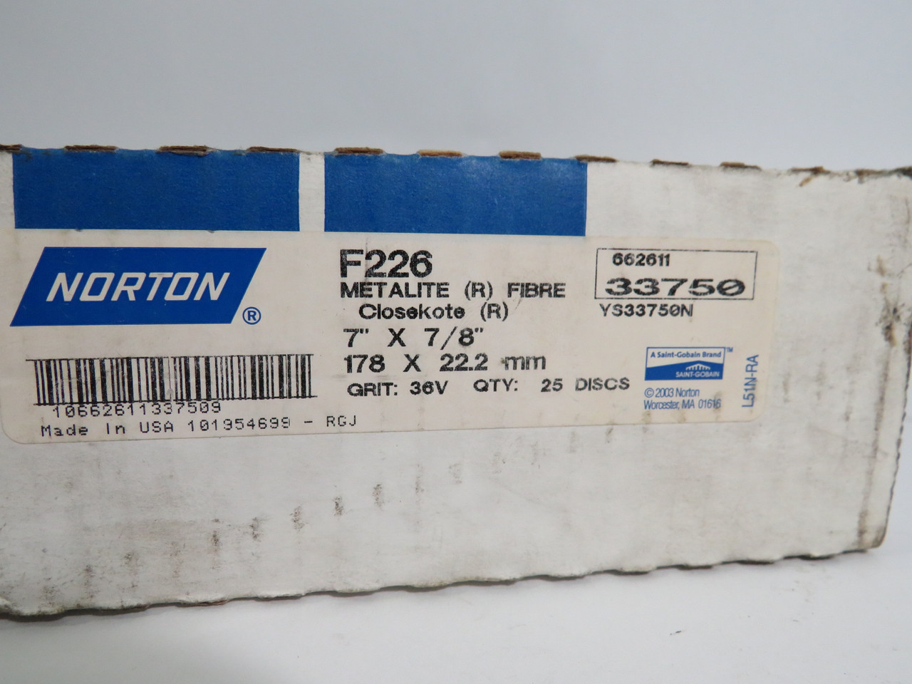 Norton 33750 Metalite Fiber Disks 7x7/8" 178x22.2mm Lot of 25 Damaged Box NEW