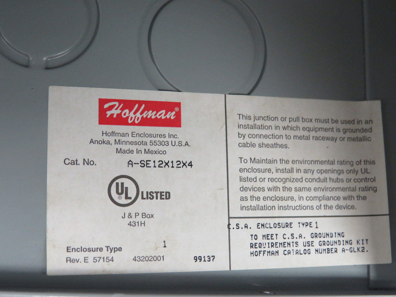 Hoffman A-SE12X12X4 Screw Cover Enclosure Type 1 SHELF WEAR USED