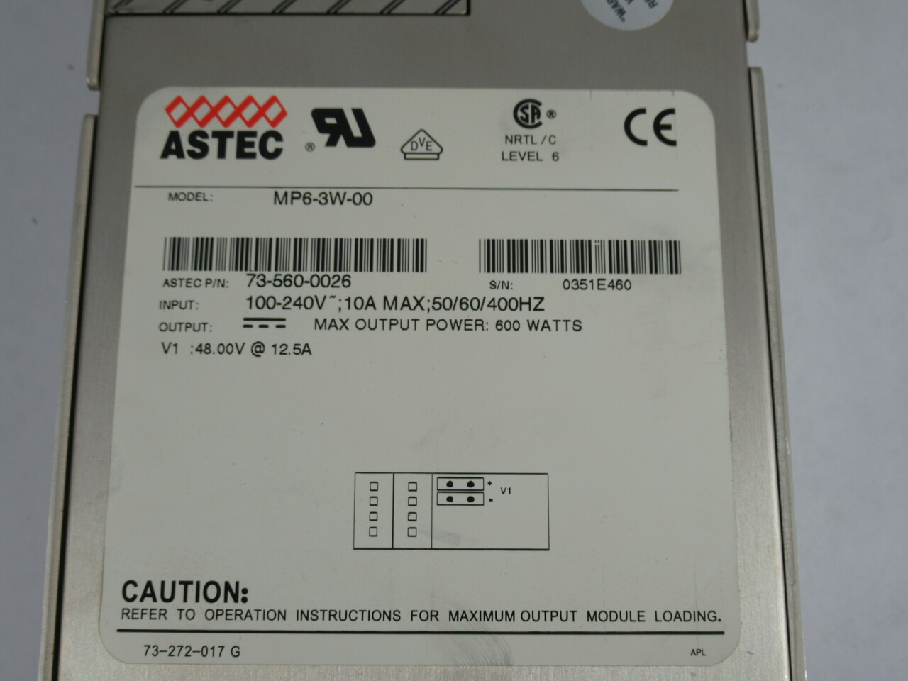Astec MP6-3W-00 Power Supply In: 100-240V 10A 50/60/400Hz Out: 600W USED