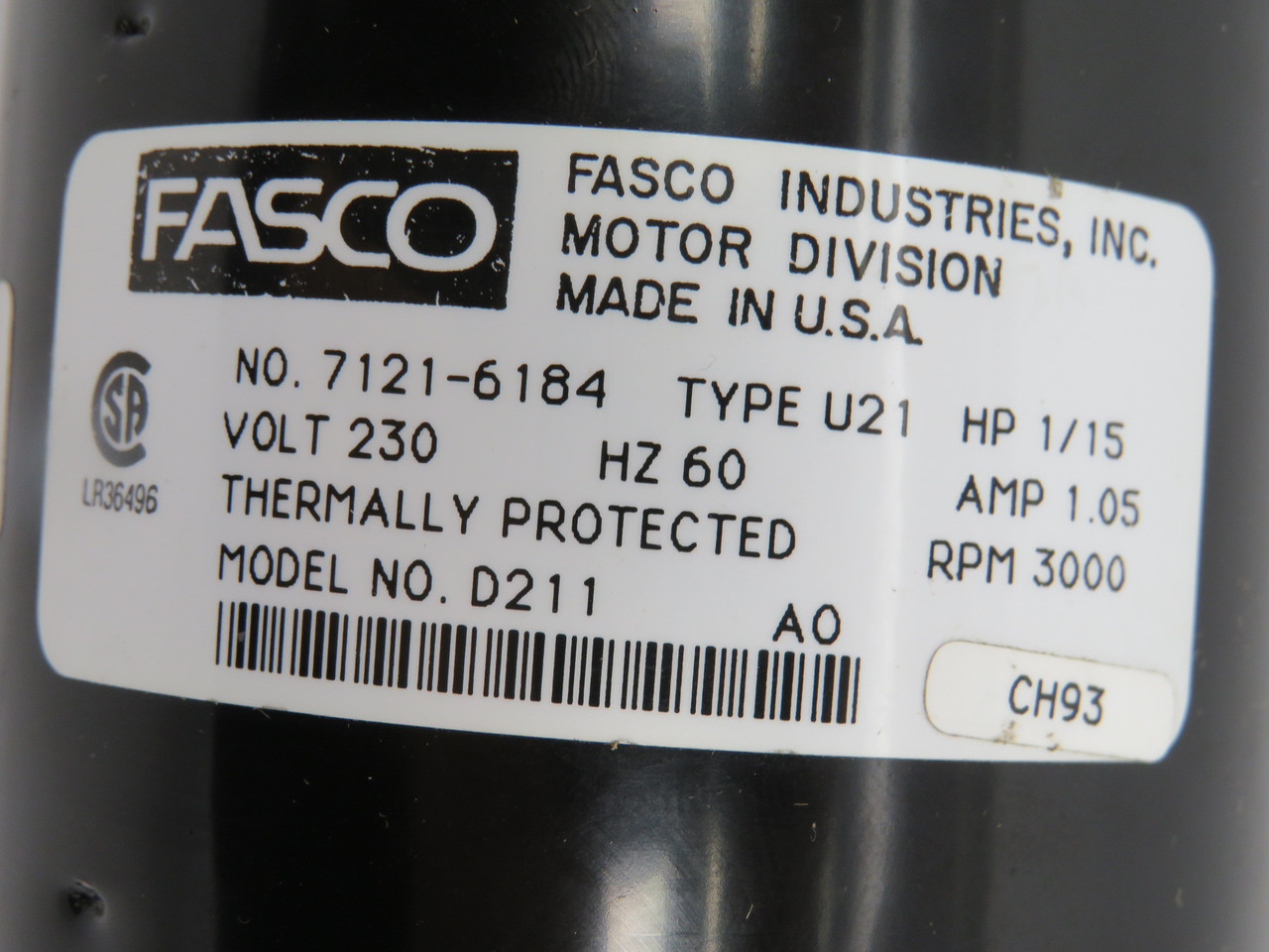 Fasco 7121-6184 D211 Blower Motor 1/15HP 3000RPM 230V AO 1.05A 60Hz USED