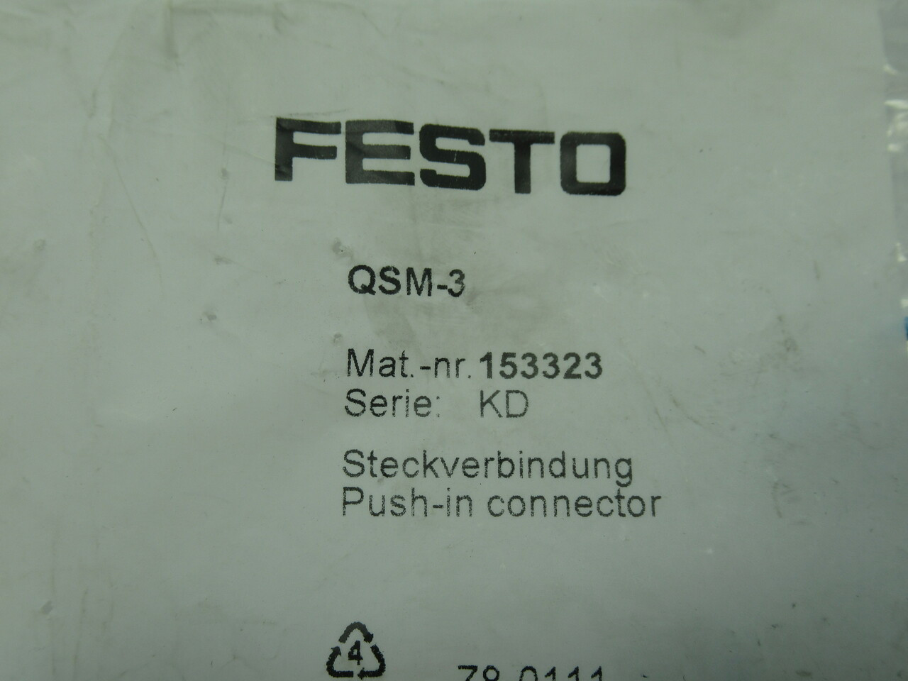 Festo 153323 QSM-3 Push In Connector 3mm Tubing OD Pack Of 10 NWB