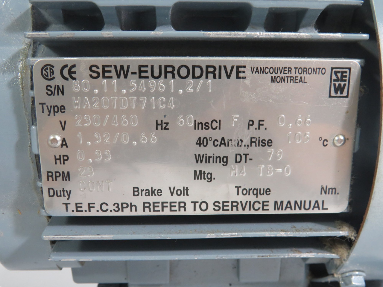 Sew-Eurodrive WA20TDT71C4 0.33HP 23RPM 230/460V 1.32/0.66A 60HZ TEFC 3Ph USED
