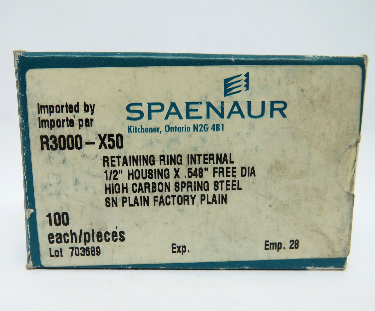 Spaenaur R3000-X50 Retaining Ring 1/2" Housing x .548"D 100-Pack *Open Box* NEW