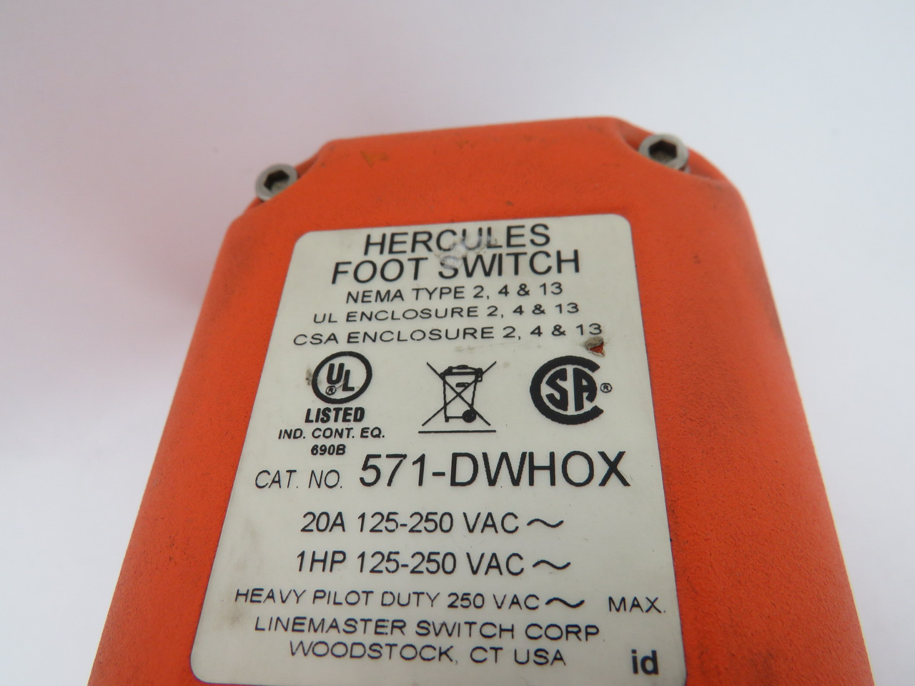 Hercules 571-DWHOX Hooded Foot Switch 20A 125-250VAC 1HP USED