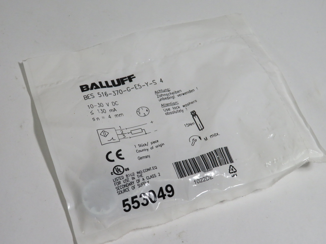 Balluff BES-516-370-G-E5-Y-S4 Inductive Sensor 10-30VDC 4mm 130mA 553049 NWB