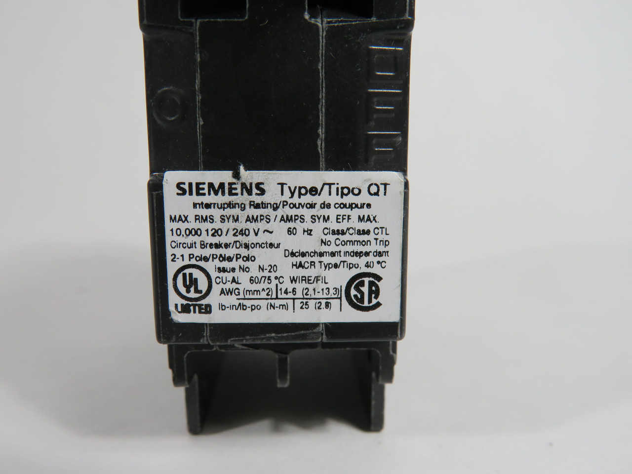 Siemens Q2020 Circuit Breaker 20A 120/240V Tandem 1-Pole HACR USED