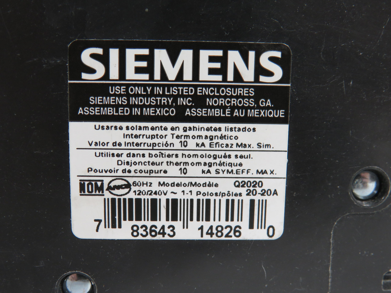 Siemens Q2020 Circuit Breaker 20A 120/240V Tandem 1-Pole HACR USED