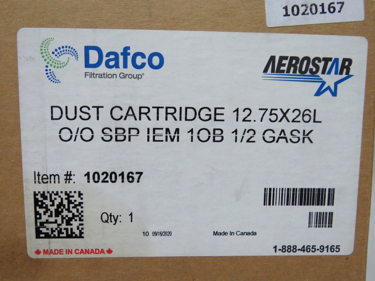 Dafco 1020167 Dust Cartridge 12.75 x 26L O/O SBP IEM 1OB 1/2 Gasket NEW