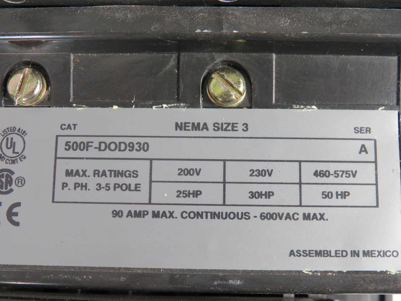 Allen-Bradley 500F-DOD930-90011 Feed-Through Contactor Ser A MISSING SCREWS USED