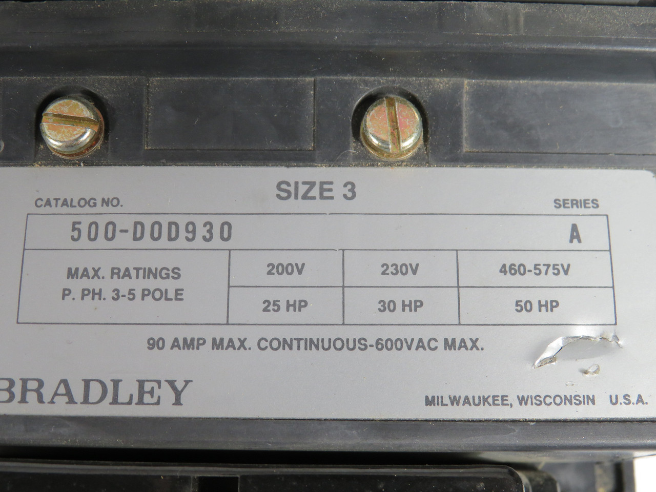Allen-Bradley 500-DOD930 Top-Wired Contactor Ser A 110/120V 50/60Hz USED